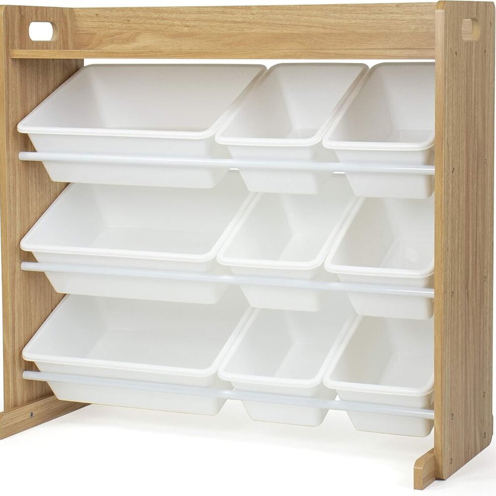 Toy Storage Organizer with Top Shelf and 9 Removable Bins, Natural/White – Toddl